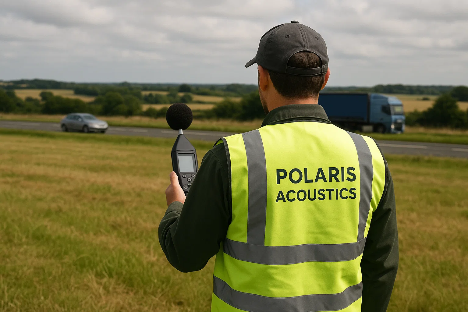 contact an acoustic consultant today. polaris acoustics worker monitoring road traffic noise in a rural setting with a Polaris Acoustics hi-vis vest and black norsonic sound level meter. Completing a bs 8233 noise assessment using the crtn methodology as part of a noise impact assessment. Acoustic report for planning.
