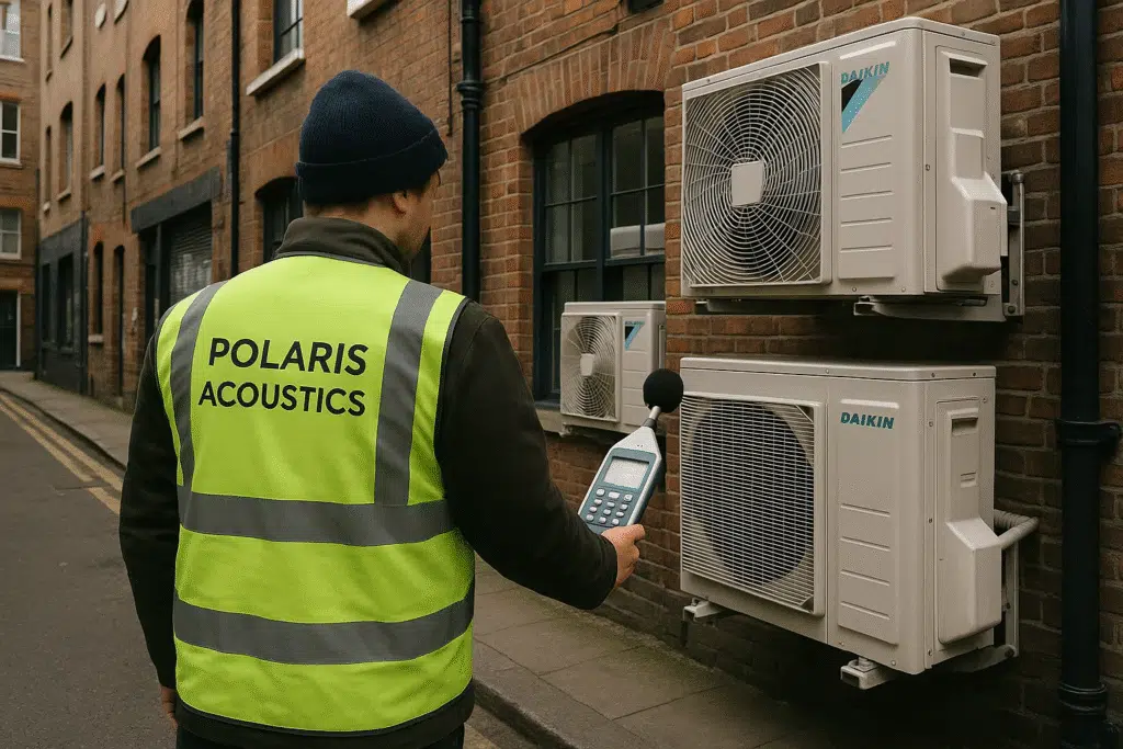 polaris acoustics employee measuring noise from daikin unit as part of noise impact assessment. acoustic report for planning applications.