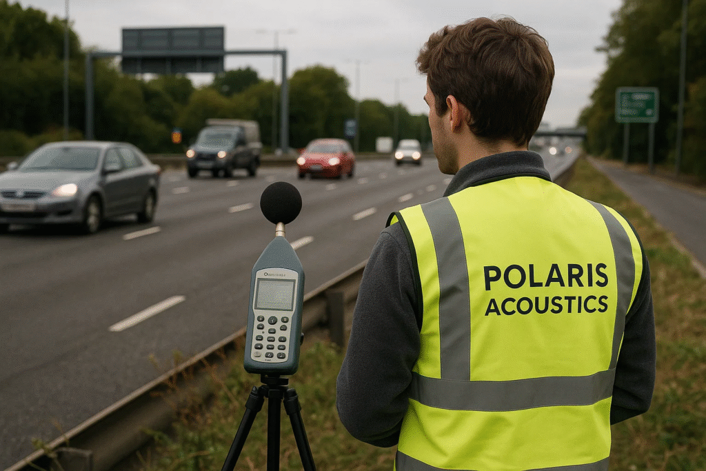 polaris acoustics employee conducting acoustic monitoring based on CRTN of road traffic noise along the North Circular (A406) in London. Contact an acoustic consultant today for a free quotation. bs8233 noise assessment