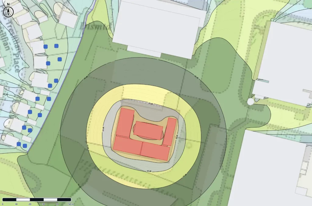 Acoustic model showing predicted noise contours around buildings and barriers for noise survey report and padel court noise mitigation.