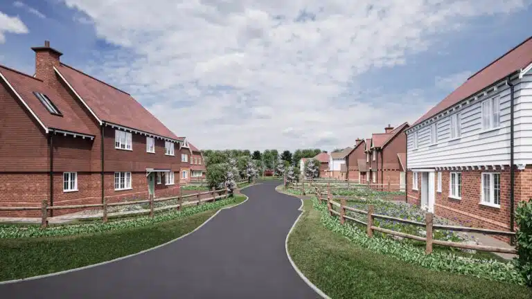 a rendering of a residential street in a residential area where new build properties may be subject to the newest bs 8233:2026 noise assessment standard.