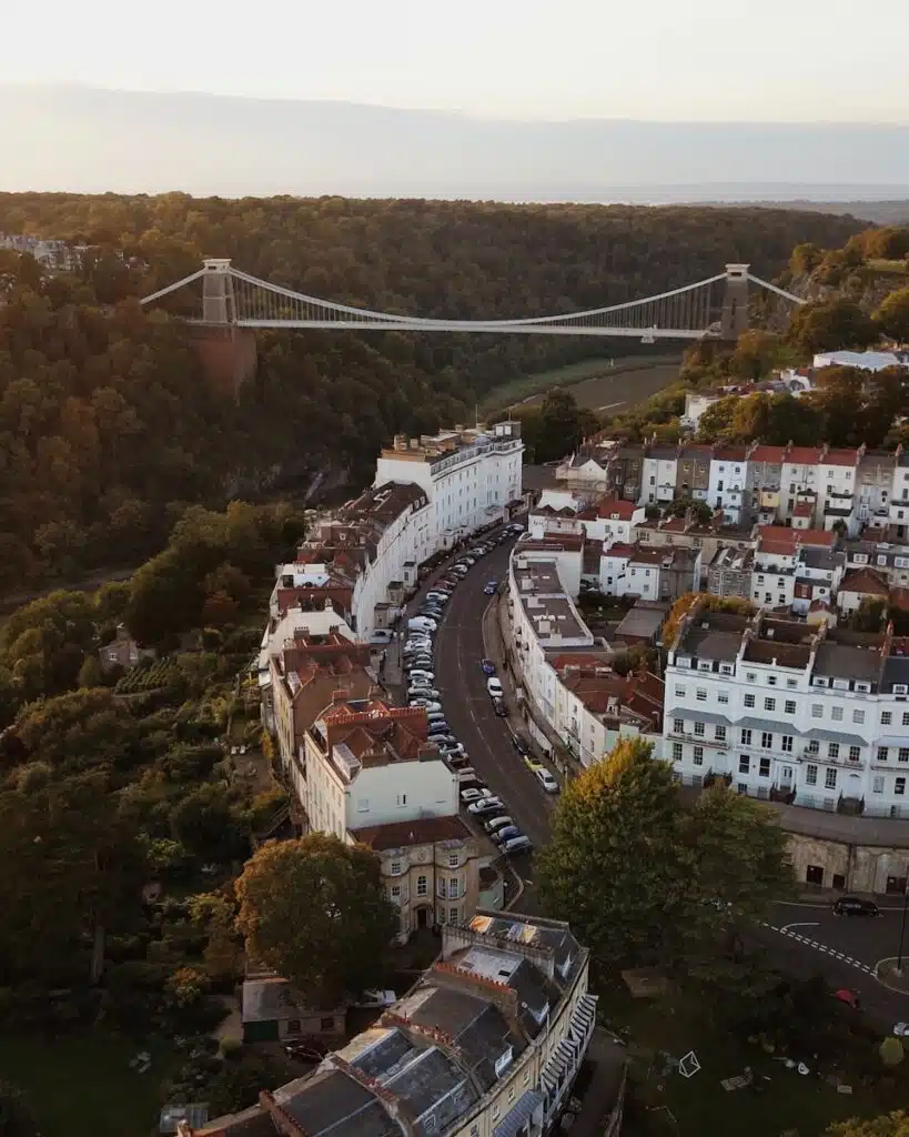 aerial view of city buildings during daytime noise survey in the south west and acoustic consultants in Bristol