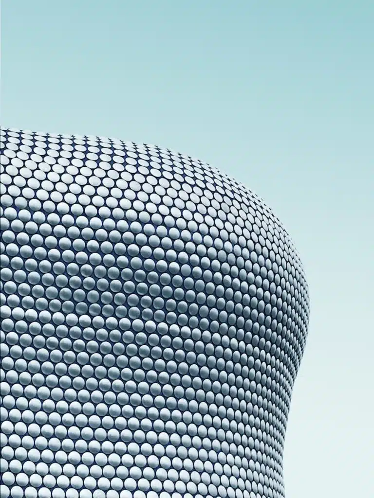 photo of grey structure Bullring in Birmingham. Acoustic noise consultants in the West Midlands and Birmingham.