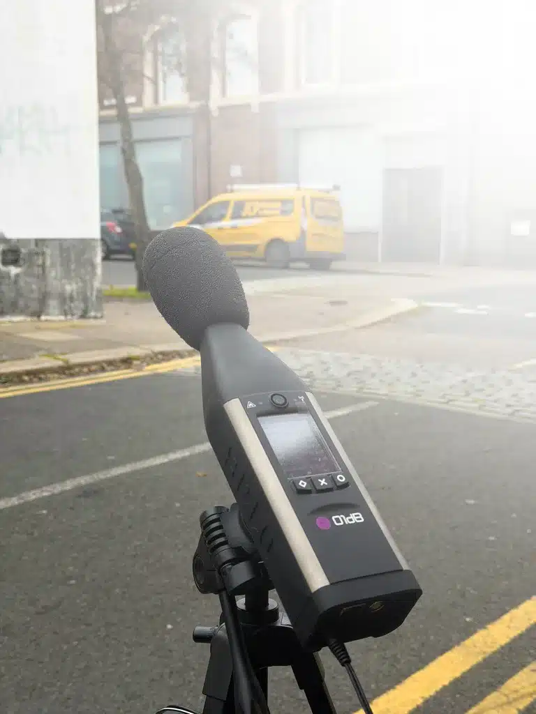 ACOEM 01dB Fusion 4G Sound Level Metre collecting noise survey data for an acoustic report for planning