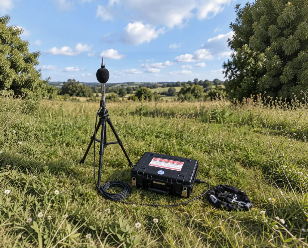 Noise monitoring equipment with external microphone and hard case in a green field.